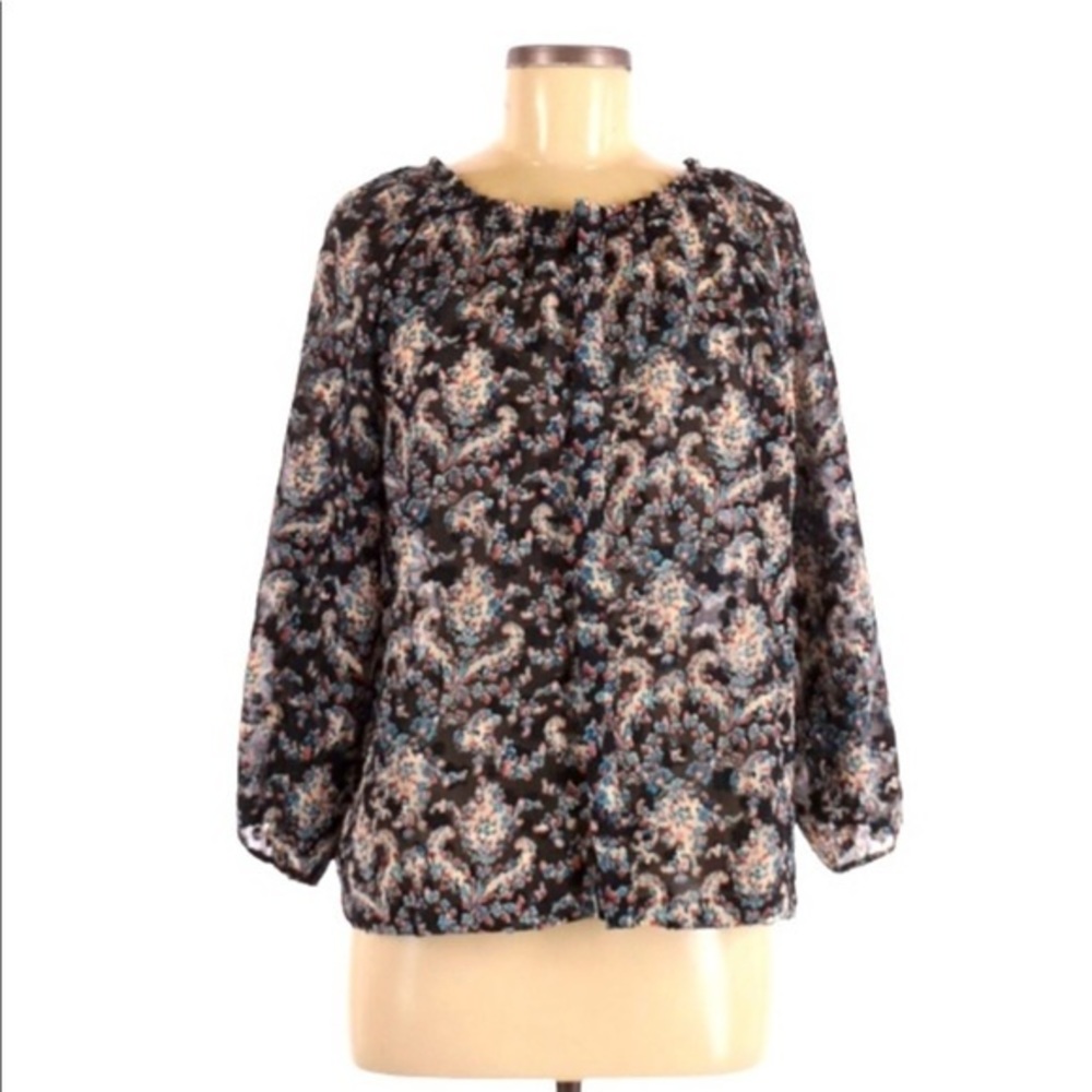 Swildens XXX 2 (M) black floral 3/4 sleeve button‎ up crop textured peasant top